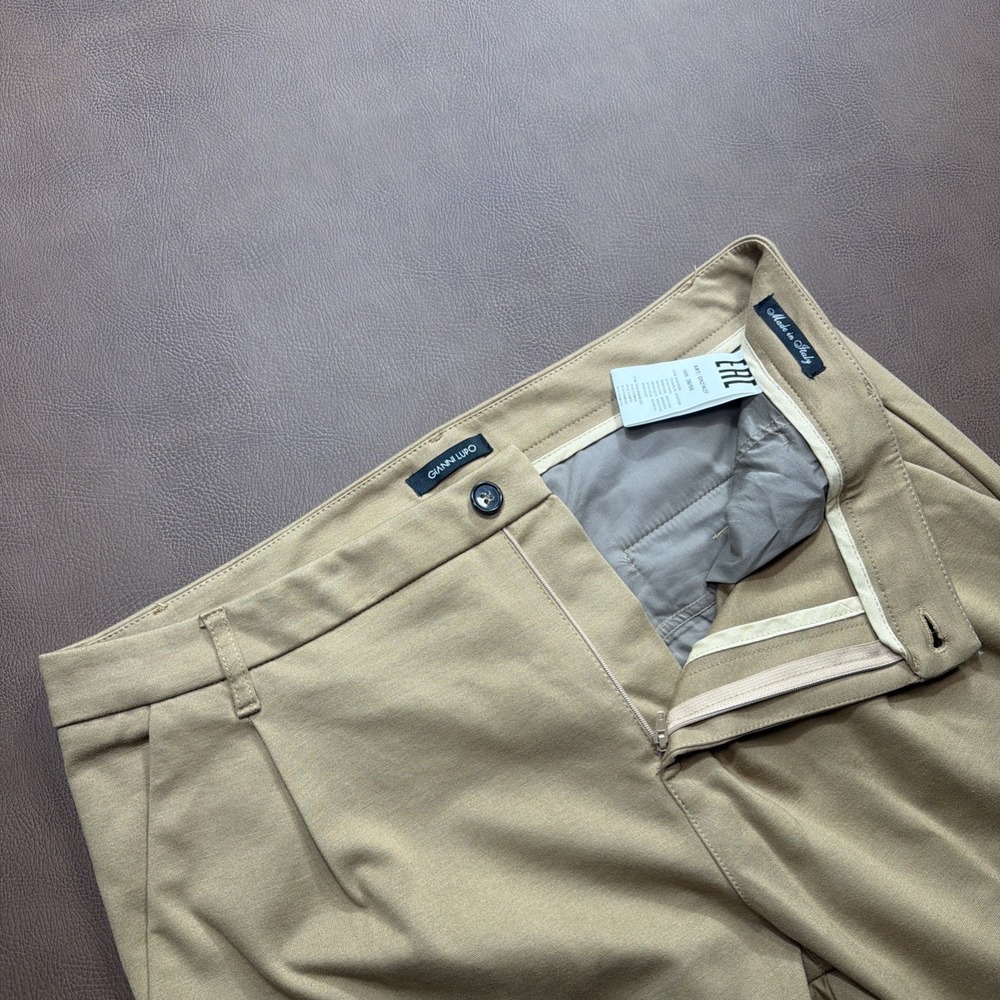 Men's Terry Chino Pants Made In Italy 36 GIANNI LUPO Khaki Beige Pleated Cuffed
